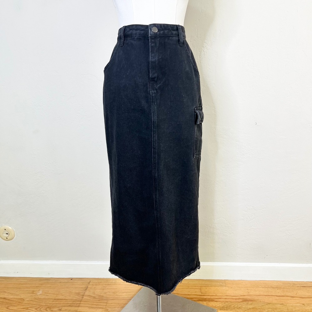 superdown Revolve Black Denim Cargo Maxi Skirt High Rise Raw‎ Hem Slit Small